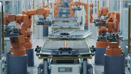 Wall Mural - Time-lapse of Automated Production Line with Orange Robotic Arms. EV Battery Pack for Automotive Industry Assembly. Electric Car Smart Factory. Battery Manufacturing Line Equipped with Robot Arms