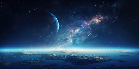 Wall Mural - A stunning view of the Earth and the moon from outer space, with a spiral galaxy in the background. This image shows the beauty and wonder of the cosmos, as well as the fragility and uniqueness of our