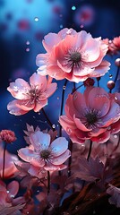 Wall Mural - Beautiful pink flower anemones fresh spring morning on nature and fluttering butterfly on background, macro. Floral flower illustration. Generative AI