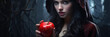 A suspiciously beautiful woman with a red apple, like in a fairy tale.