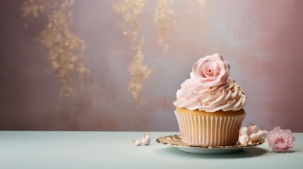 Indulge in the delight of a scrumptious birthday cupcake elegantly displayed on a table against a soft, light background.