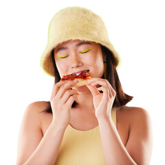 Asian woman, eating pizza or fashion with happiness, retro or aesthetic isolated on a transparent background. Young gen z model, junk food or girl with meal, cheat snack and beauty with makeup or png