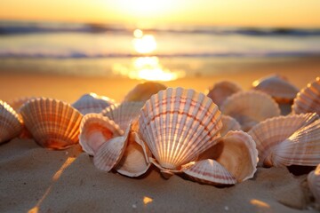 Sticker - Glistening Seashells in the Sand. Sunlit seashells glistening on a sandy beach.