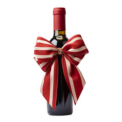 Wall Mural - Decorated wine bottle with red ribbon tie on it isolated on transparent background.