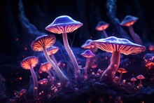 Neon Futuristic Magic Mushrooms In The Night Forest Background. Party Poster. Mushroom Food Supplement Ad.