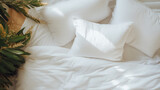 Fototapeta  - White bedding sheets and pillow background, Messy bed concept