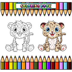 Canvas Print - Cute baby Leopard cartoon sitting for coloring book