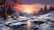 Immerse yourself in the enchanting beauty of winter as the sun sets over a tranquil, snow-covered landscape. This highly detailed background showcases the serene magic of the season.
