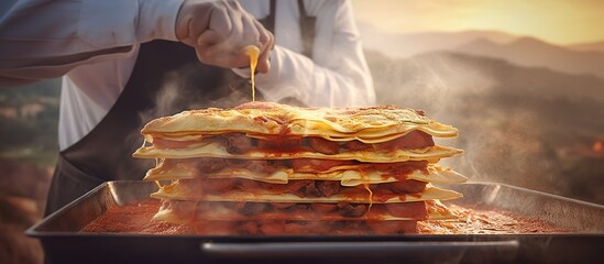 chef cooking Lasagna outdoor background