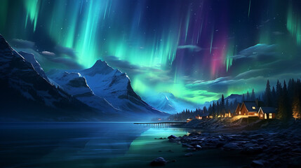 Wall Mural - northern lights over a hamlet by the lake