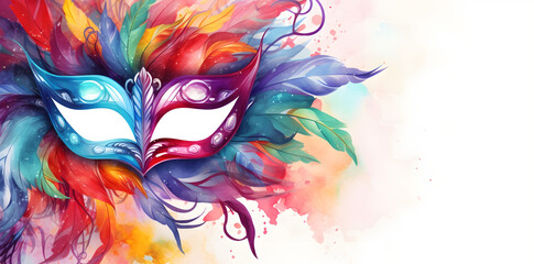 Colored carnival mask with multi-colored feathers in a watercolor style on a white background.