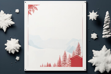 White poster with a winter landscape on a dark background. Free space for product placement or advertising text.