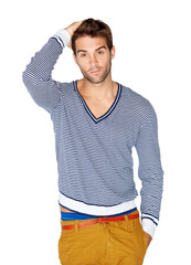 Poster - Isolated young man, portrait and fashion with hand, hair or confidence for casual style by transparent png background. Student guy, model and trendy clothes for hipster aesthetic, youth or attractive