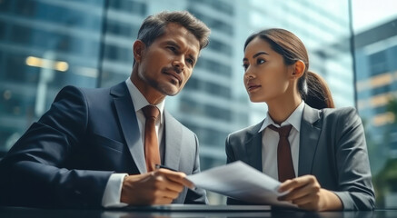 Poster - Two business people discussing business strategy in modern office.
