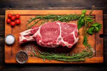 Wall Mural - raw lamb rack with herbs on wooden board, top view