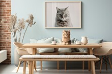 Cat Photography On Modern Dining Room Interior Design , Wooden Table With Chairs 3D Rendering