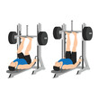 Man doing smith machine leg press exercise or reverse squat. Lying leg press exercise. Flat vector illustration isolated on white background
