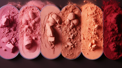 Wall Mural - Variety pallet of broken makeup powder and blusher, on black background. Sample cosmetics concept. Generative AI