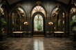 © Jerome Mettling - Entrée intérieur luxueuse sombre et doré dans un style ancien. Luxurious dark and gold interior entrance in an old style.
