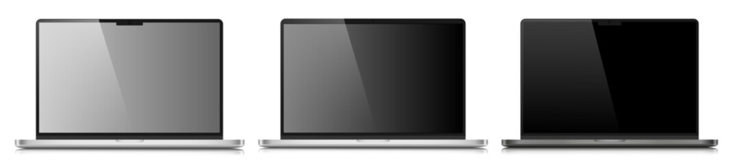 Fototapete - A set of realistic laptop layouts in a silver metal case with reflection. Three laptops with gray and black screens on a white background. Vector illustration.