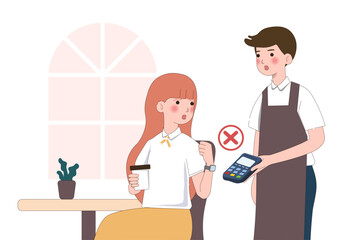Poster - Payment failed. Customer use mobile cashless payment system or scan qr code. Characters using virtual credit card on smartwatch. Hand paying with POS terminals and NFC technology. vector illustration