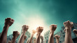 © ASHFAQ - Empowering power- strong fist hands in front of a bombed area