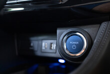 Blue Power Ignition Button To Start Keyless Ignition Hybrid Car Engine Power Button On A Vehicle.