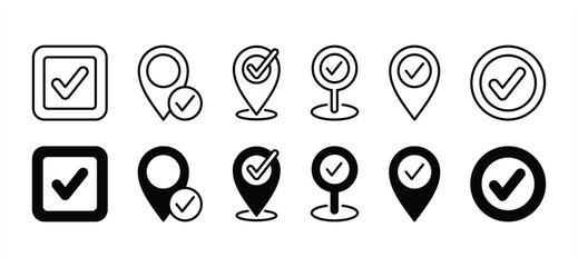 Map pin location checkpoint icon set. Map markers with check mark sign. Vector illustration on a white background