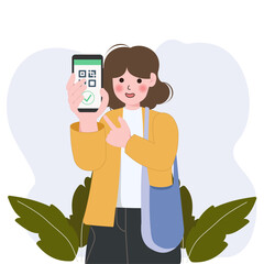Poster - Cashless payment system. People use phone for scan and pay with qr code. Buyers paying by mobile app on smartphone via pos terminal. vector flat illustration