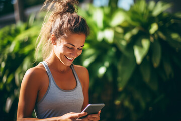 Wall Mural - Hispanic woman using phone before morning jog