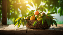 Mango In Basket With Leaves On Wooden Table And Mango Tree Farm With Sunlight Background. Made With Generative Ai