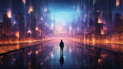 a man standing on a reflective floor with a city in the background