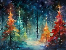 An AI Illustration Of Christmas Trees In The Snow By An Illustration Boarder Painting