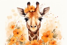 Whimsical Giraffe Artwork With Orange Flower
