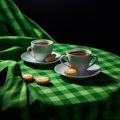 two cups of coffee and cookies on a table