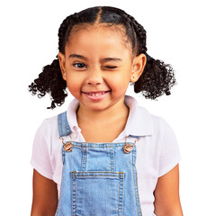 Portrait, child with a wink and young girl in kindergarten with happiness on isolated, transparent or png background. Emoji, winking face and playful toddler with a smile or model for kids fashion