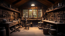 Woodworking Workshop. An Old Shed Type Wood Worker Or Carpenter's Work Place With Old Tools On The Wall And Rustic Feel. .