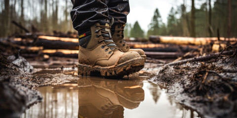 Workmans muddy boots walking through the puddles