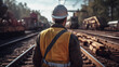 engineer inspects trains Construction workers on the railway.Generative ai