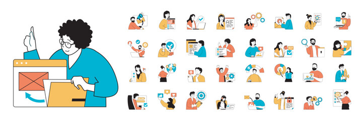 Leinwandbilder - Marketing and development concept with people situations mega set in flat web design. Bundle scenes of online promotion, advertising. Vector illustrations for social media banner, marketing material.