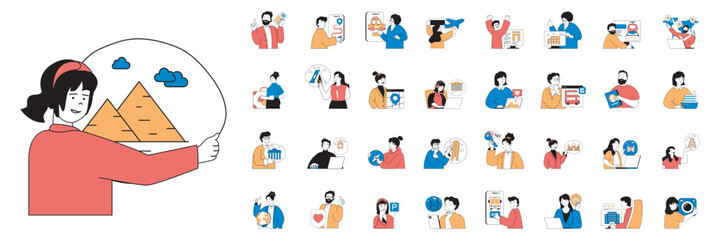 Leinwandbilder - Travel concept with people situations mega set in flat web design. Bundle scenes of summer journey and vacation trip with sightseeing. Vector illustrations for social media banner, marketing material.