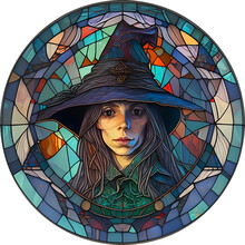 Witch In A Hat Round Stained Glass Illustration