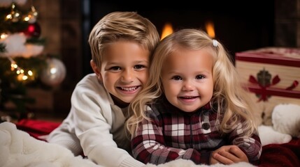 Children Portrait in room with Christmas decorations. Happy smiling kids on background of the Christmas tree. Child with Xmas gift. Happy New Year, Merry X-mas, winter holidays and people concept. .