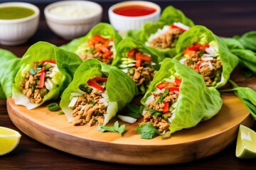 turkey lettuce wraps on a wooden board