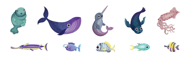 Poster - Cute Sea Animals and Underwater Creature with Seal, Narwhale and Whale Vector Set