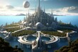 Fantasy alien planet. 3d render illustration. Fantasy world,Utopian civilisation, utopic city, future of humanity, architecture of tommorow, utopic world, AI Generated
