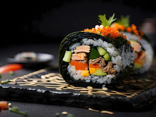 delicious homemade korean kimbap rolls on black sesame plate with healthy vegetable ingredients and tasty egg slices, a traditional asian cuisine meal