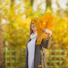 Wall Mural - Attractive happy woman holding yellow autumn leaves in her hands. Portrait of a pretty young woman with light brown hair on a background of golden foliage in the park. Joyful autumn mood. Fall season.