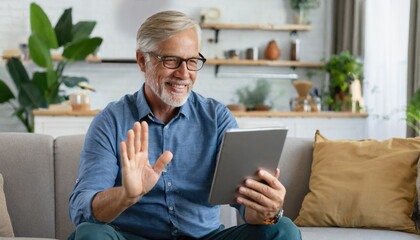 Cheerful senior man having video call on tablet sitting on the couch at home elderly man wearing eyeglasses staying in touch with friends and family using online video call connecting with people