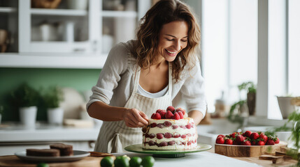 homemade pastry shop. happy young female pastry chef preparing a delicious birthday cake in the kitc